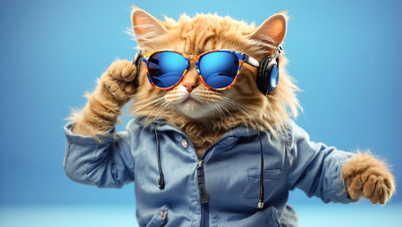 Portrait of a cat wearing yellow jacket and sunglasses. Studio shot.の素材