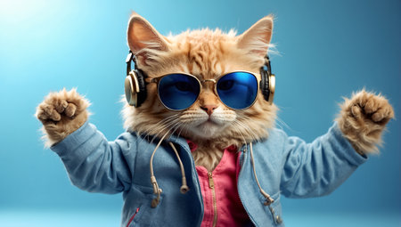 Portrait of a cat wearing yellow jacket and sunglasses. Studio shot.の素材
