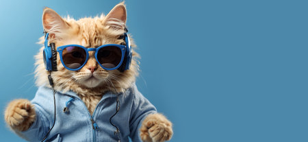 Portrait of a cat wearing yellow jacket and sunglasses. Studio shot.の素材