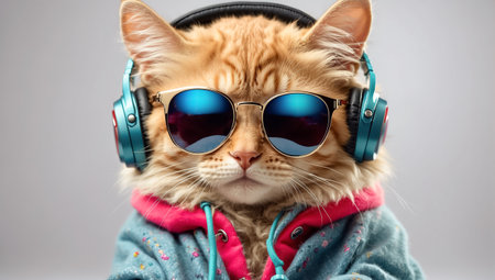 Portrait of a cat wearing yellow jacket and sunglasses. Studio shot.の素材