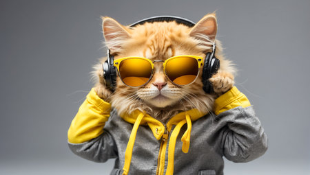 Portrait of a cat wearing yellow jacket and sunglasses. Studio shot.の素材