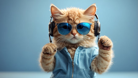 Portrait of a cat wearing yellow jacket and sunglasses. Studio shot.の素材