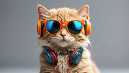 Cute cat wearing headphones and blue sunglasses. Isolated on grey background.の素材