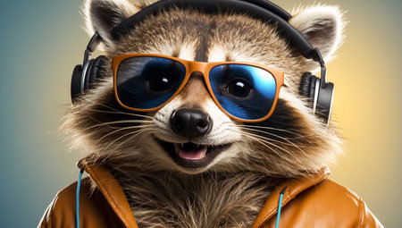 Hipster raccoon listening to music with headphones on orange backgroundの素材
