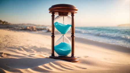 Hourglass on the beach. Concept of time management and planning.の素材