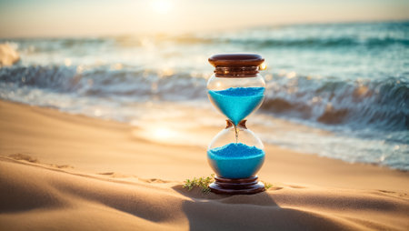 Hourglass on the beach. Concept of time management and planning.の素材