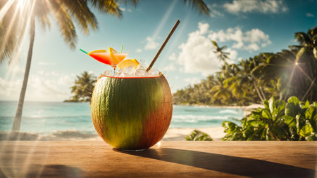 Pina colada cocktail with pineapple, coconut and coconutsの素材