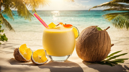 Pina colada cocktail with pineapple, coconut and coconutsの素材