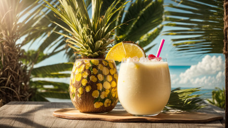 Pina colada cocktail with pineapple, coconut and coconutsの素材