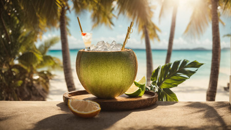 Pina colada cocktail with pineapple, coconut and coconutsの素材