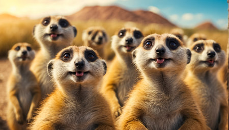 Group of meerkats in a row. Selective focus.の素材