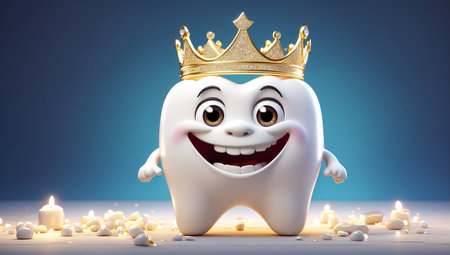 Tooth with crown on blue background. 3d illustration. Cartoon style.の素材