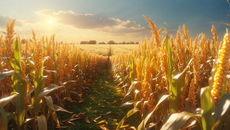 Young corn on the cob in the field on a sunny day.の素材