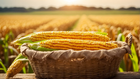 Ripe corn in a wicker basket on the background of the fieldの素材