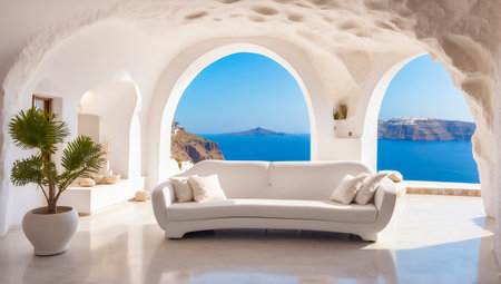 Santorini island, Greece. Luxury villa on the beautiful beach. 3d renderingの素材