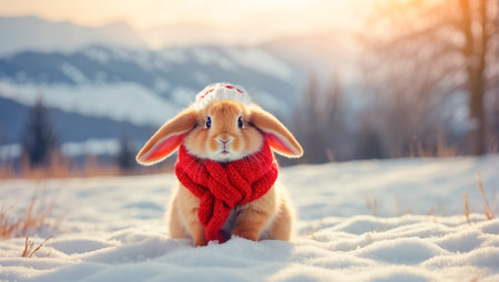 Cute white rabbit in a knitted hat on the background of winter landscape.の素材