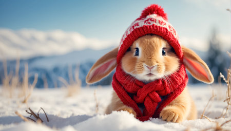 Cute white rabbit in a knitted hat on the background of winter landscape.の素材