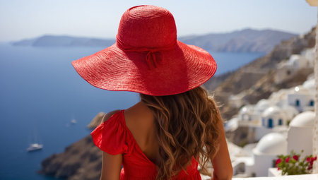 girl in a sundress and a hat with her back to the camera looks at the sea Santorini Greeceの素材