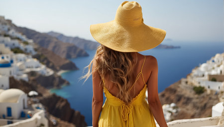 girl in a sundress and a hat with her back to the camera looks at the sea Santorini Greeceの素材