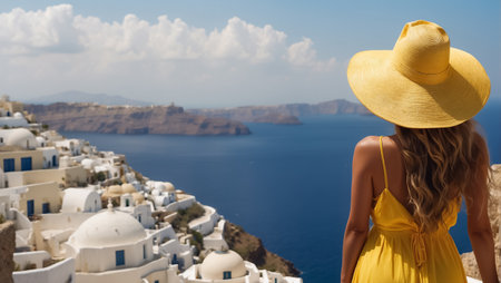 girl in a sundress and a hat with her back to the camera looks at the sea Santorini Greeceの素材