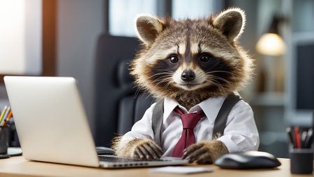 Funny raccoon sitting at the desk in office. Business conceptの素材