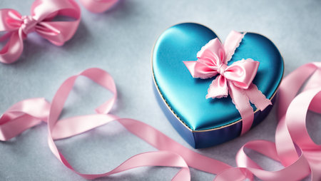 Blue heart-shaped gift box with pink ribbon on blue background.の素材
