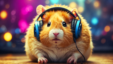 Cute hamster with headphones on the background of Christmas lights.の素材