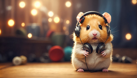 Cute hamster with headphones on the background of Christmas lights.の素材