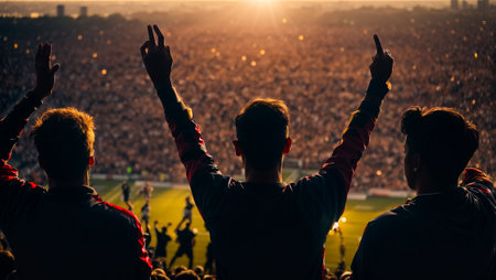 Rear view of a young man cheering at a live music concertの素材