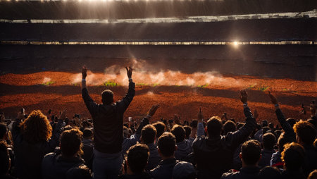 Rear view of a young man cheering at a live music concertの素材