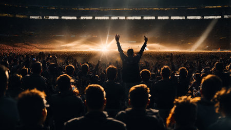 Rear view of a young man cheering at a live music concertの素材
