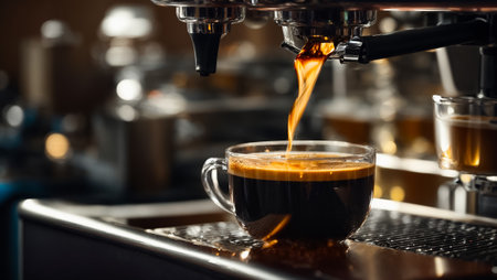 Coffee machine making espresso in a cafe. Close-up.の素材