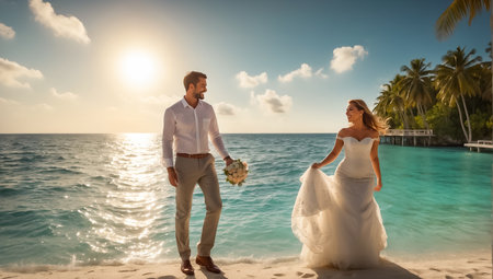 Beautiful bride and groom on the beach at Maldives. Wedding coupleの素材