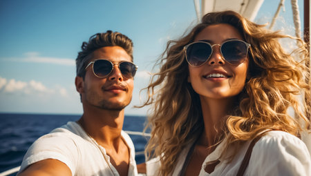 Beautiful young couple is sailing on a yacht on a sunny day.の素材