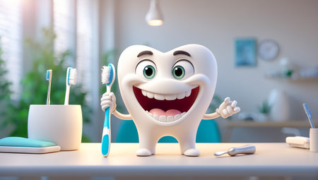 Tooth character with toothbrush in dental office. 3d renderingの素材