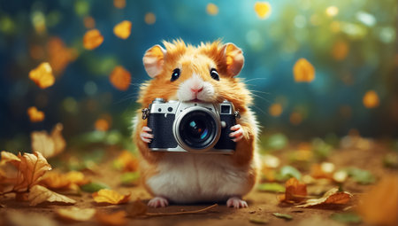 Cute hamster with a camera in the forest on the grass.の素材