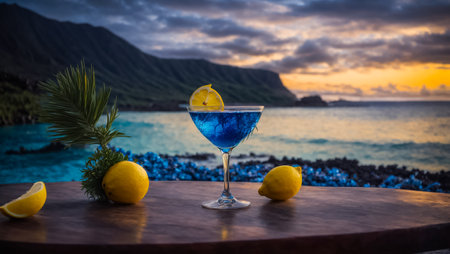 Blue cocktail in a beautiful glass, lemon, evening against the seaの素材