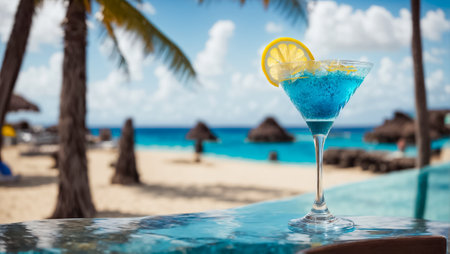 Blue cocktail in a beautiful glass, lemon, day against the seaの素材