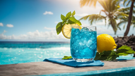 Blue cocktail in a beautiful glass, lemon, day against the seaの素材