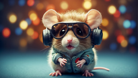 Cute little rat with sunglasses on bokeh background. New Year 2020.の素材