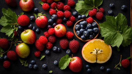 Mix of fresh berries and fruits on black background, top view.の素材