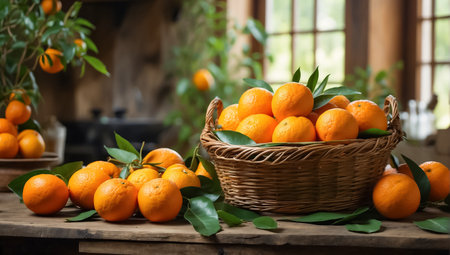 Fresh tangerines with leaves in a basket on a wooden tableの素材