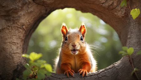 Squirrel sits on a tree and looks at the camera. Close-up.の素材