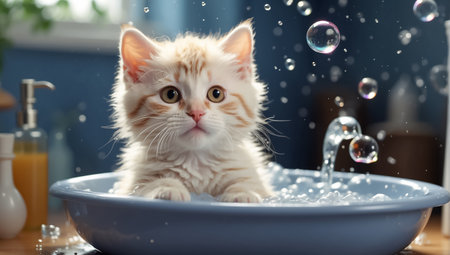 Cute kitten bathes in a bath with soap bubbles in the backgroundの素材