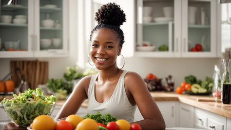 cheerful african american woman eating fresh salad in kitchen at homeの素材