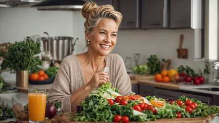 smiling senior woman looking at camera while holding bowl with fresh vegetables in kitchenの素材