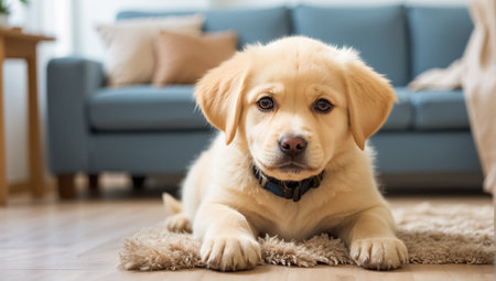Labrador retriever puppy sitting on the floor in the living roomの素材