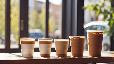 Coffee to go in paper cups on wooden table in cafeの素材