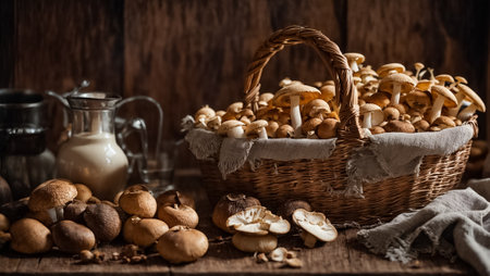 Basket with mushrooms on a wooden background. Selective focus.の素材