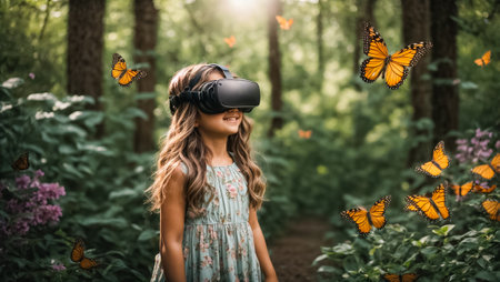 Smiling young woman wearing virtual reality goggles in the garden surrounded by butterflies.の素材